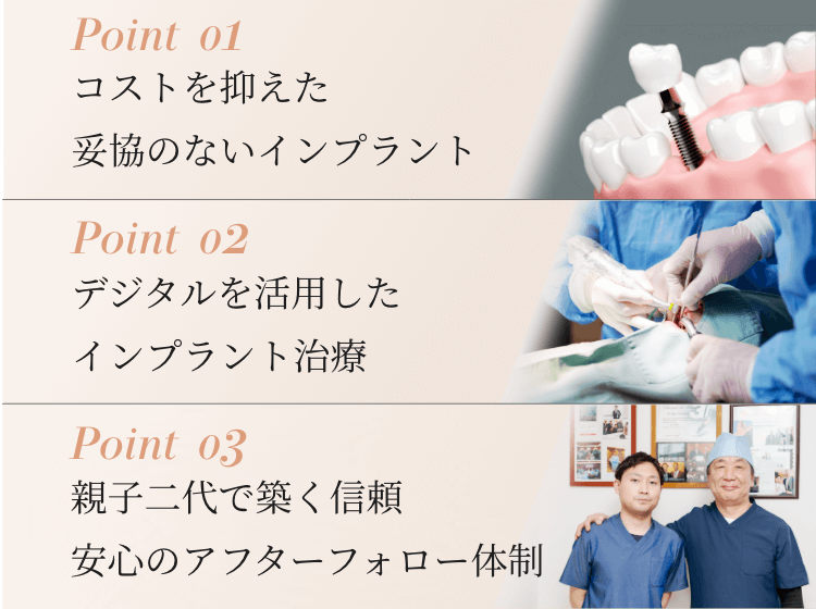 コストを抑えた妥協のないインプラント・デジタルを活用したインプラント治療・親子二代で築く信頼安心のアフターフォロー体制